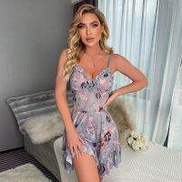 【 WYIN kitchen】 Lady çiçek baskı Mini gece elbisesi seksi Nighties sevimli gecelik rahat pijama klasik gecelikler V boyun transparan iç çamaşırı Pj