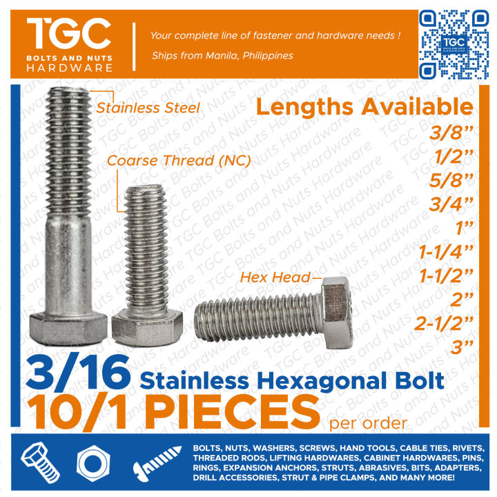 TGC 10PCS SS Hex Bolt 3/16 x 3/8~4 inches Stainless Cap Screw / SUS ...