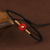 New Real 24K Yellow Gold Bracelet Woman Luck Smooth Bead with Black Cord Flower Style Weave Bracelet