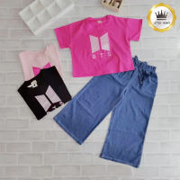 Little Honey ชุดเด็ก พร้อมส่ง ( 6-10 ขวบ) เสื้อผ้าเด็ก แขนสั้น + ยีนส์ ผ้ายืดนุ่ม ใส่สบาย ลายตัวอักษร สูทเด็กผู้หญิง