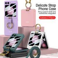 บางเฉียบยาก PC สำหรับ Samsung Galaxy Z เคสฝาพับ5 Flip5มีสายรูดริบบิ้นฝาครอบโทรศัพท์พร้อมที่ยึดแบบพกพาพร้อมฟิล์มนิรภัย