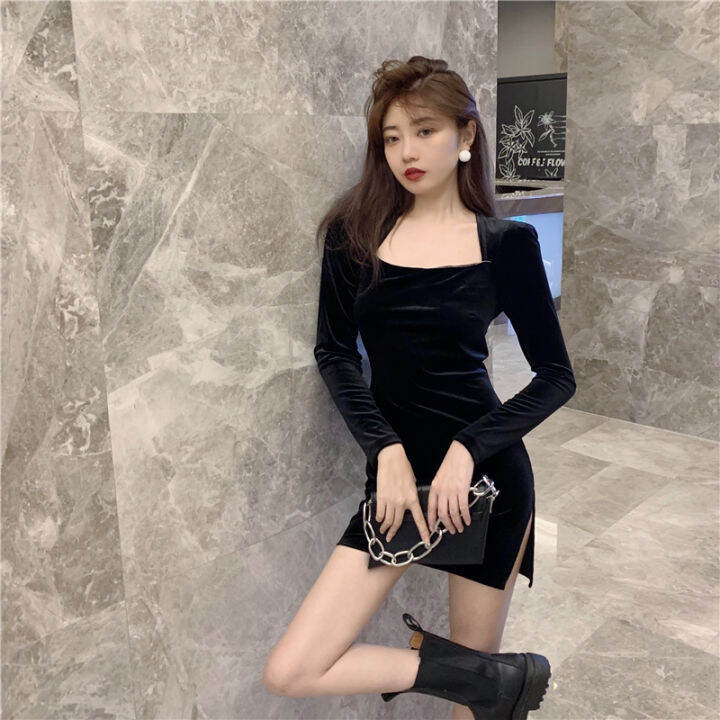 women-sexy-dress-slim-long-sleeve-backless-dress-short-a-line-dress-เดรส-ชุดเดรสสั้น-dm