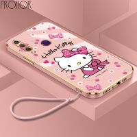 Casing Huawei Y6P 2020 Y6 Pro Y7 Prime 2019 Y7 Pro Y9 Prime 2019 Y7A Y8P Y9S Ultra-thin Plating Square Lovely Cartoon Hello Kitty Silicone Case with Lanyard Phone Case