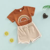 Newborn Baby Girls Boys Two-Piece Outfits, Letter Rainbow Short Sleeve Round Neck T-Shirt + Elastic Waist Drawstring Short Pants  by Hs2023