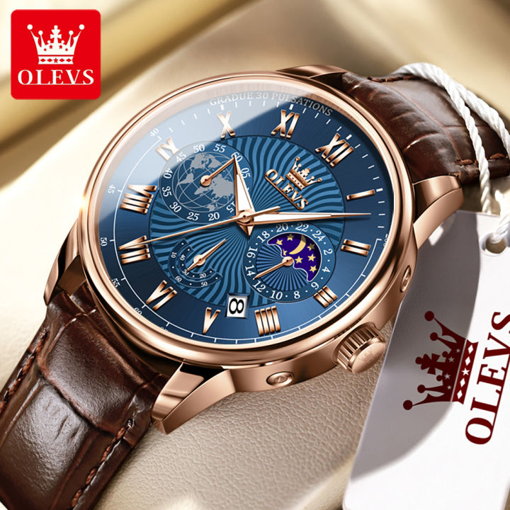 OLEVS 2893 Quartz Casual Watch For Men Waterproof Genuine Leather Band ...