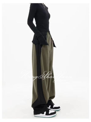 HengShanYuan กางเกงผู้หญิงกางเกงคาร์โก้กางเกงสไตล์ Y2K กางเกงฮาเร็มแบบเย็บต่อกันแบบอเมริกันและสีตัดกันกางเกงขายาวมีผ้ากางเกงขากว้างแบบลำลอง