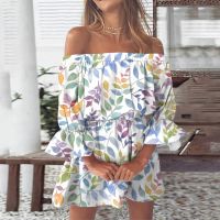 Vintage พิมพ์ Beach เซ็กซี่ปิดไหล่ Tunic Elegant Dresses สำหรับผู้หญิง2023 Casual หลวม Fit Bell Sleeve Mini Floral Dress