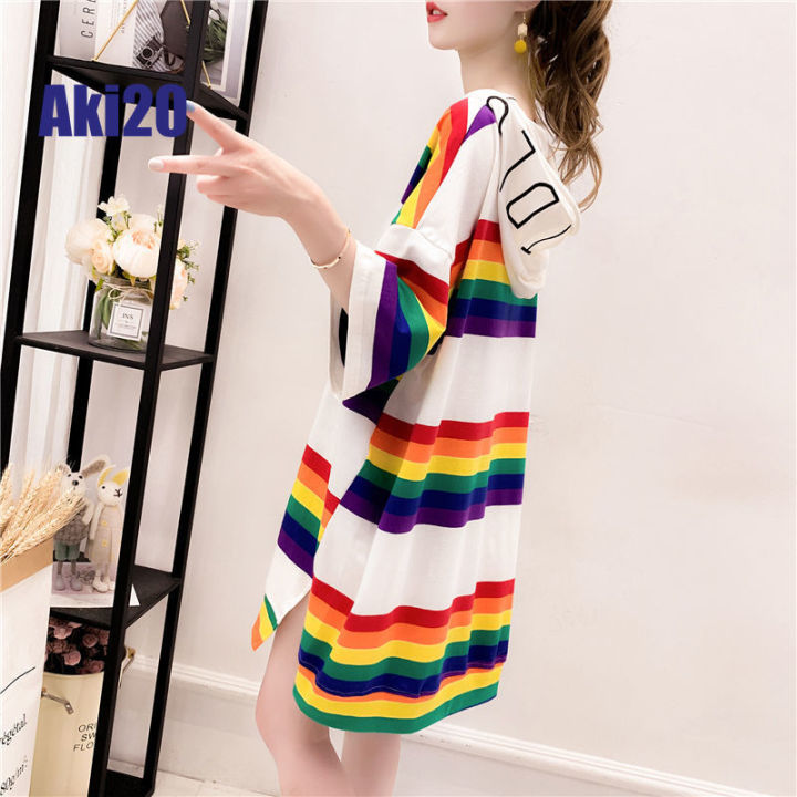 Aki20 Blouse for Woman Hooded Rainbow Stripe T Shirt Women Summer Korean  Style Loose Long Short Sleeve New Design Top Women Blouse Blouses for Women  Styles 2023 Baju Perempuan