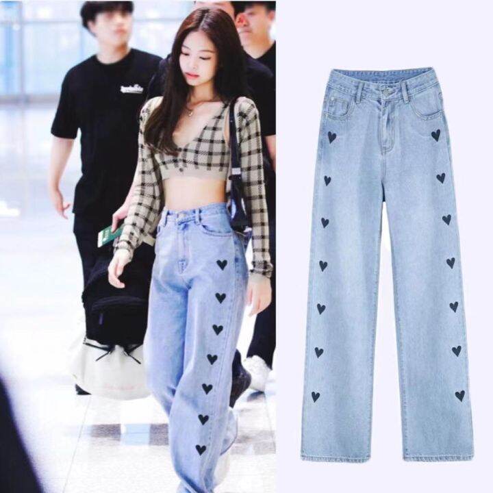 HOT--Blackpink jennie heart love print High Waist Wide Leg Jeans Korean ...