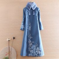 Spot parcel post Large Size Womens Chinese Style Improved Cheongsam Woolen Skirt 2022 Womens Winter Vintage Embroidered Fashion Woolen Dress