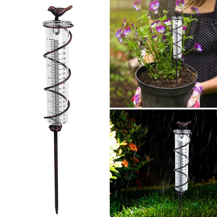 Rain Gauge 7inch Capacity Glass Rain Gauge with Spiral Cast Iron Bird