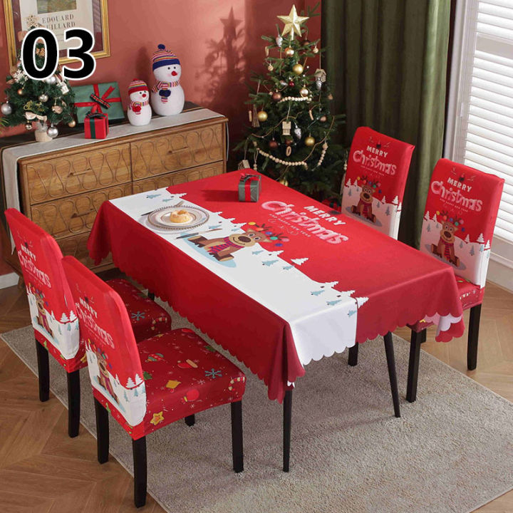 u2y7คลุมเก้าอี้คลุมโต๊ะผ้าปูโต๊ะกันน้ำพิมพ์ลายตกแต่งยืดคริสต์มาส