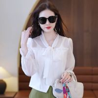 White Blouse Women Long Sleeve V Neck Shirt 2023 Fashion Elegant Chiffon Korean Tops