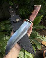 มีดโบวี่ Bowie knife มีดเดินป่า มีดแคมป์ มีดพก ใบ 8”เหล็กเลื่อยวงเดือน คมปัดเงา การ์ดทองเหลือง ด้ามไม้พะยูงปิดท้ายทองเหลือง ซองหนังแท้