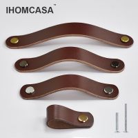 IHOMCASA Brown Leather Knobs European Retro Furniture Drawer Wardrobe Door Handle Cupboard Shoe Cabinet Cowhide Pulls Knob Door Hardware Locks