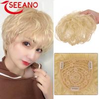 SEEANO Synthetic Blonde Curly Hair Toupee 3 Clip Hair Extensions Replacement Closure Hairpiece Wigs With Bangs Women Wig  Hair Extensions  Pads