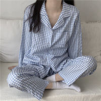 【JH】Ladies Autumn Pijamas Women Printed Plaid Pajamas Set Lapel Long-sleeved Trousers 2-piece Home Service Casual Pajamas Sleepwear