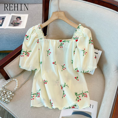 REHIN เสื้อผู้หญิงแขนสั้นคอสี่เหลี่ยม,เสื้อตุ๊กตาผ้าปักใหม่ฤดูร้อน