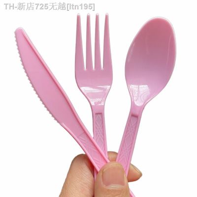 【CW】✶△  90pcs Pink Plastic Cutlery Set Spoons Forks Heavy Duty Colored Silverware Includes 30 Teaspoons Knives