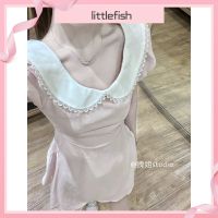 [littlefish] ชุดเดรสกระโปรงสั้น ทรงเอ แขนพัฟ คอตุ๊กตา ลายดอกซากุระ สีชมพู หรูหรา แฟชั่นฤดูร้อน สไตล์ฝรั่งเศส สําหรับเด็กผู้หญิง