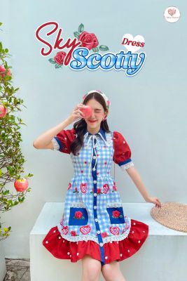 Scotty Sky dress เดรสลายสก็อตสีฟ้าพิมพ์ลายเเต่งคูสีเเดงเข้ากันสุดๆวัยรุ่นสดใสมากใส่สบาย