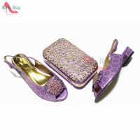 Pretty Women Peep Toe Italian Shoes and Bag Set in Light Purple Color Mature Style Sandals with Shinning Crystal for Party