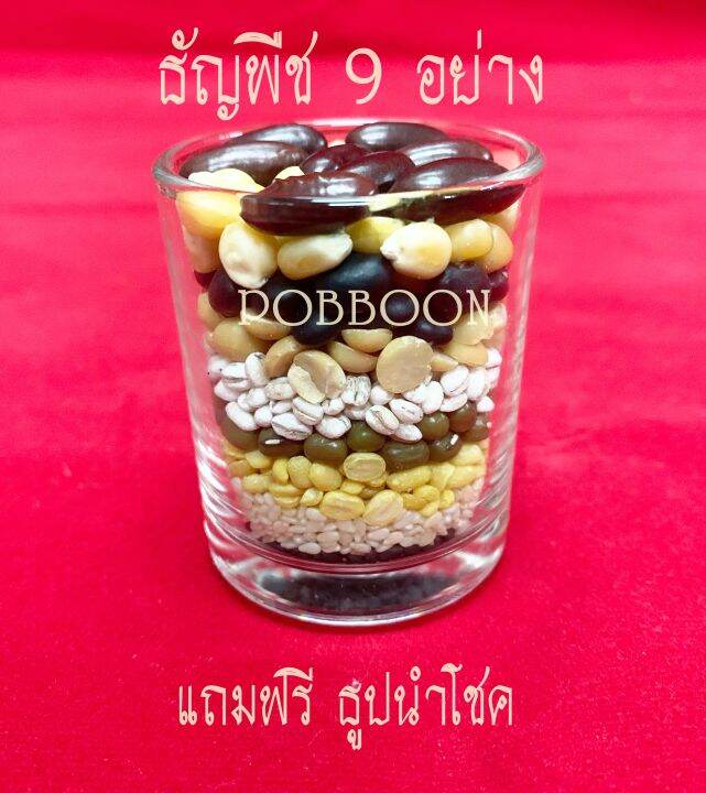 ข้าวอักษัต-9สี-ธัญพืชมงคล-9อย่าง-แบบแก้ว-ชุดข้าว9สี-ธัญพืช9อย่าง-ถวายองค์เทพ-สำหรับไหว้บูชา-ขอพรองค์เทพ-ธัญพืชลงเสาเอกเสาโท