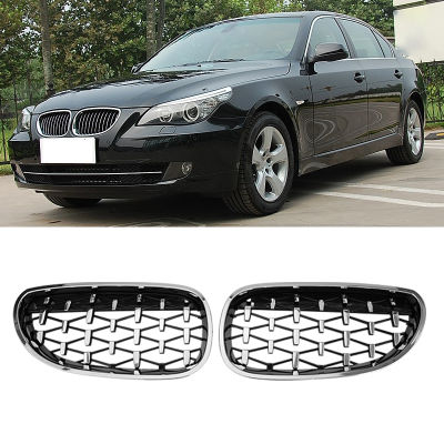 สำหรับ BMW E60 E61 550i 535i เพชรลูกกรงรถกันชนหน้ากระจังไตแข่งย่าง2004-2009กระจังหน้าสีดำกรอบเตาย่างเงิน