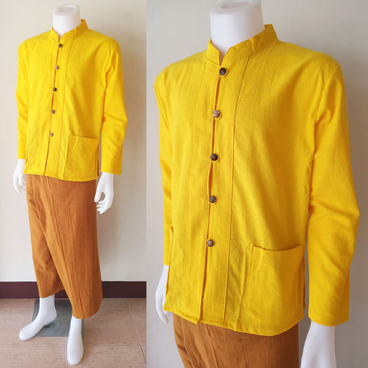 เสื้อชายคอจีนกระดุมผ่าหน้า-แขนยาว-เหลือง-เนื้อผ้าสวมใส่สบาย-เสื้อชาย-เสื้อกระดุมคอจีน