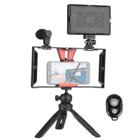 Andoer Smartphone Video Rig Vlog Kit Including Smartphone Cage with Phone Clamp 3 Cold Shoe Mounts + USB LED Video Light 3200K-5600K with 5PCS Color Filters + Microphone + Desktop Tripod + Remote Shutter for Vlog Video Recording Live Streaming