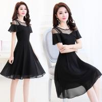 Summer Women Gauze Plus Size Chiffon Short Sleeve O-Neck Red Black Thin Elegant A-Line Simple Daily Wear Coctail Dress 9733