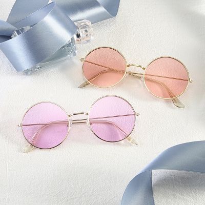 [LWF HOT]❂۞☒ Fashion Vintage Round Sunglasses Woman Brand Designer Sun Glasses For Woman Alloy Mirror Candy Color Pink Red Black Yellow