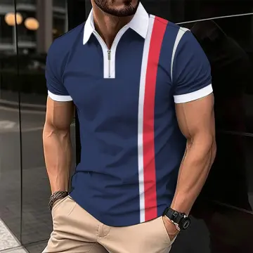 red and navy blue striped polo shirt