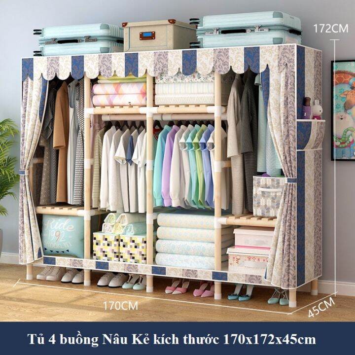 Tủ vải đựng quần áo khung gõ 3 buồng 8 ngăn cao cấp - Tủ