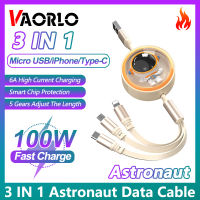 VAORLO มนุษย์อวกาศสาย USB C 3 IN 1 6A สายที่ชาร์จความเร็วสูงหดได้ยาว1.2เมตร100W สาย USB Type-C สำหรับสาย Huawei Micro Android สามารถใส่ได้กับ iPhone 14 12Pro สูงสุด13