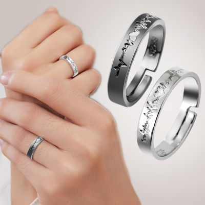 แหวนคู่1/2ชิ้น,แหวนตัวอักษร ECG สีดำและสีขาวหนึ่งคู่สำหรับผู้ชายและผู้หญิงเกาหลีแบบเรียบง่าย