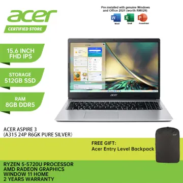 Acer Aspire 3 - Ryzen 5 Quad Core 7520U, 15.6 A315-24P Thin & Light Laptop  (8GB / 512GB SSD Full HD Display / Windows 11 Home / MS Office / 1 Year  Warranty / Pure Silver / 1.78 Kg)