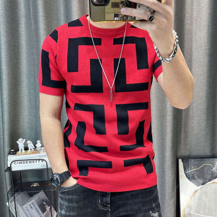 ผู้ชายหรูหราฤดูร้อนถัก-tshirt-2022เกาหลี-o-neck-แขนสั้น-top-tees-streetwear-ชาย-social-club-slim-fit-casual-t-shirt