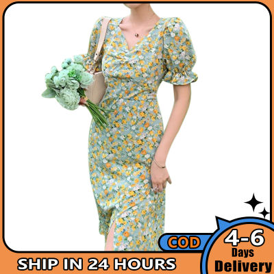 เสื้อคอวีแขนสั้นคอวีสำหรับผู้หญิง,ชุดเดรสพิมพ์ลายดอกไม้ฤดูร้อนเอวสูงกระโปรงทรงเอกระโปรงกึ่งสั้นกึ่งยาว