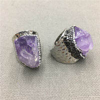 สีม่วงคริสตัลควอตซ์แหวนหินธรรมชาติอเมทิสต์แหวน Druzy กับ Rhinestone ปูสำหรับผู้หญิงเปิดแหวนนิ้ว MY0303