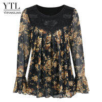 Yitonglian Women Elegant Rose Floral Print Plus Size Trending Blouse for Party Office Loose Fit Oversize Tops 5XL 6XL 7XL H427