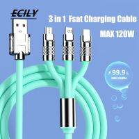 ECILY 3 In 1 Liquid ซิลิโคน120W สายชาร์จ USB A ถึง C 8Pin สังกะสีอัลลอยด์สายข้อมูล