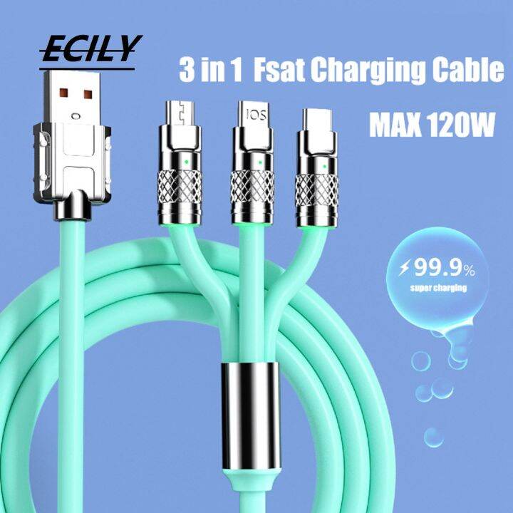 ECILY 3 In 1 Liquid Silicone 120W Fast Charging Cable USB A to C 8Pin