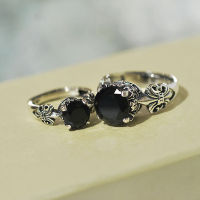 Retro Crown Black Diamond Couple Ring Niche Fashion Domineering Open Ring Old Imitation Thai Silver Black Stone Ring