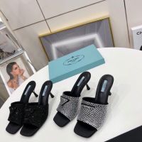 2023 spring and summer pradaˉnew high-heeled super hot star the same style rhinestone kitten heel super hot high-heeled flat slippers