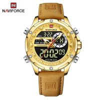 ⌚NAVIFORCE นาฬิกาสปอร์ตดิจิทัลนาฬิกาข้อมือสำหรับผู้ชายแบรนด์หรูลายทหารสีทองหนังแท้ควอตซ์นาฬิกาผู้ชาย9208