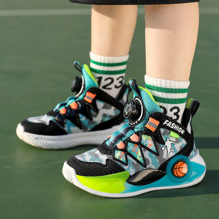 รองเท้ากีฬาสำหรับนักเรียนรองเท้าบาสเก็ตบอลเด็กชายปุ่ม-rotary-รองเท้าวิ่งใหม่