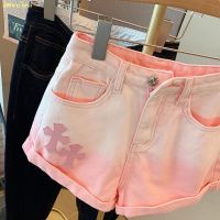 COD Hot sale Pink Gradient Cross Denim Shorts Women s 2022 New High Waist Curled Straight Pants