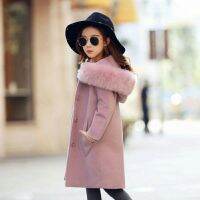 2020 Baby Girls Pink Thick Large Fur Collar Woolen Coat Hooded Jacket Children Autumn Winter Clothes