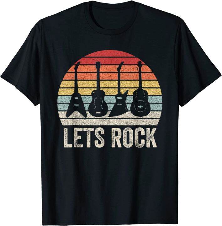 Vintage Retro Lets Rock Shirt Rock And Roll Guitar Music Cotton T-shirt ...